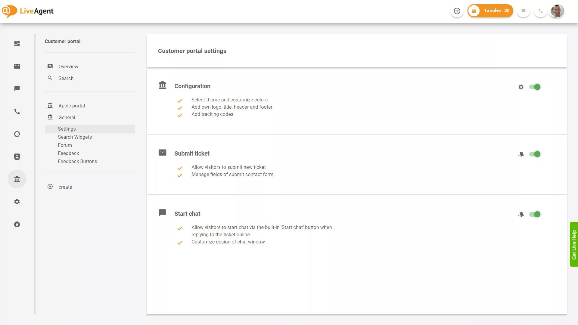 Visão geral de Tickets do LiveAgent dentro da aplicação