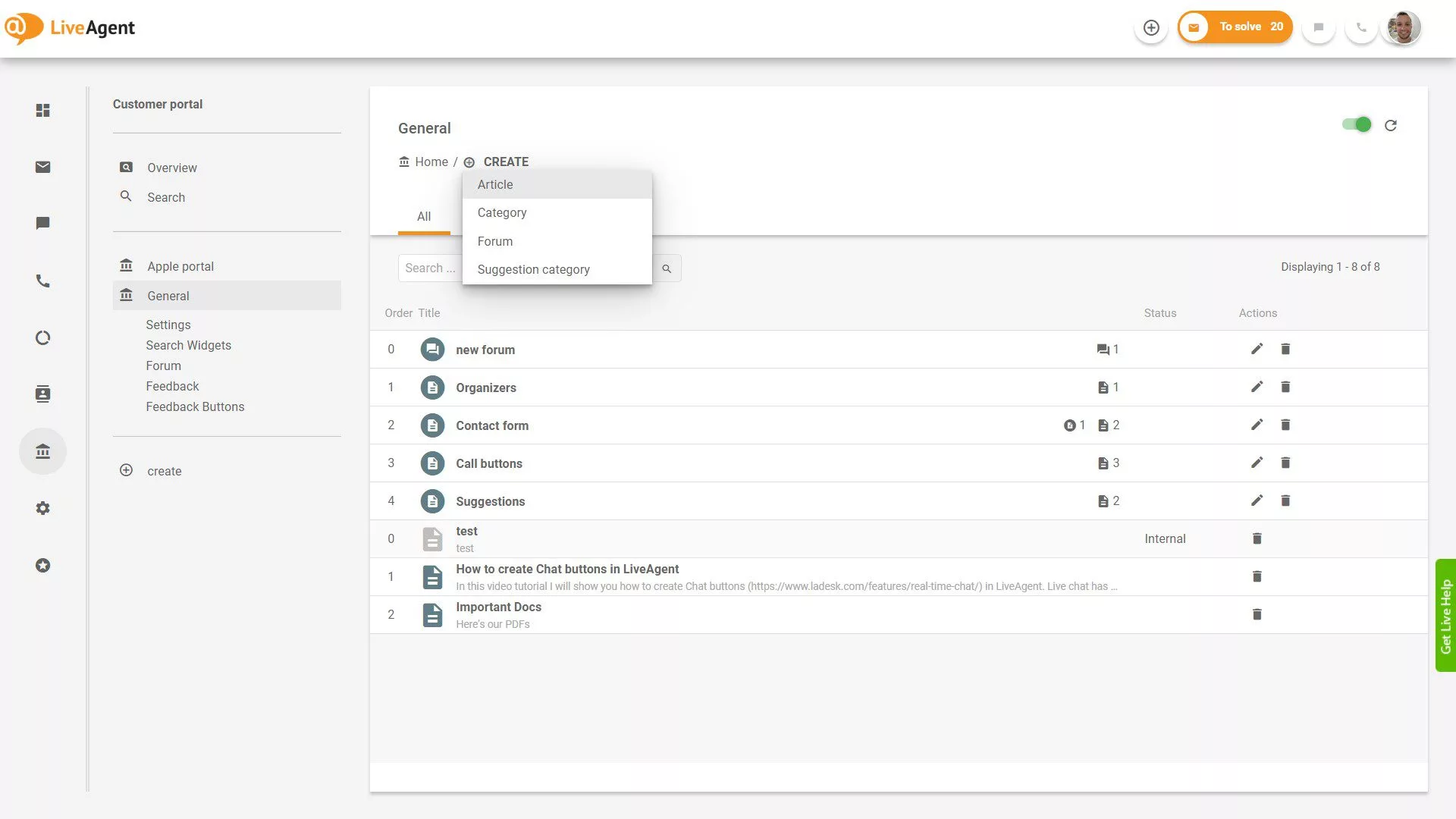 Visão geral de Tickets do LiveAgent dentro da aplicação