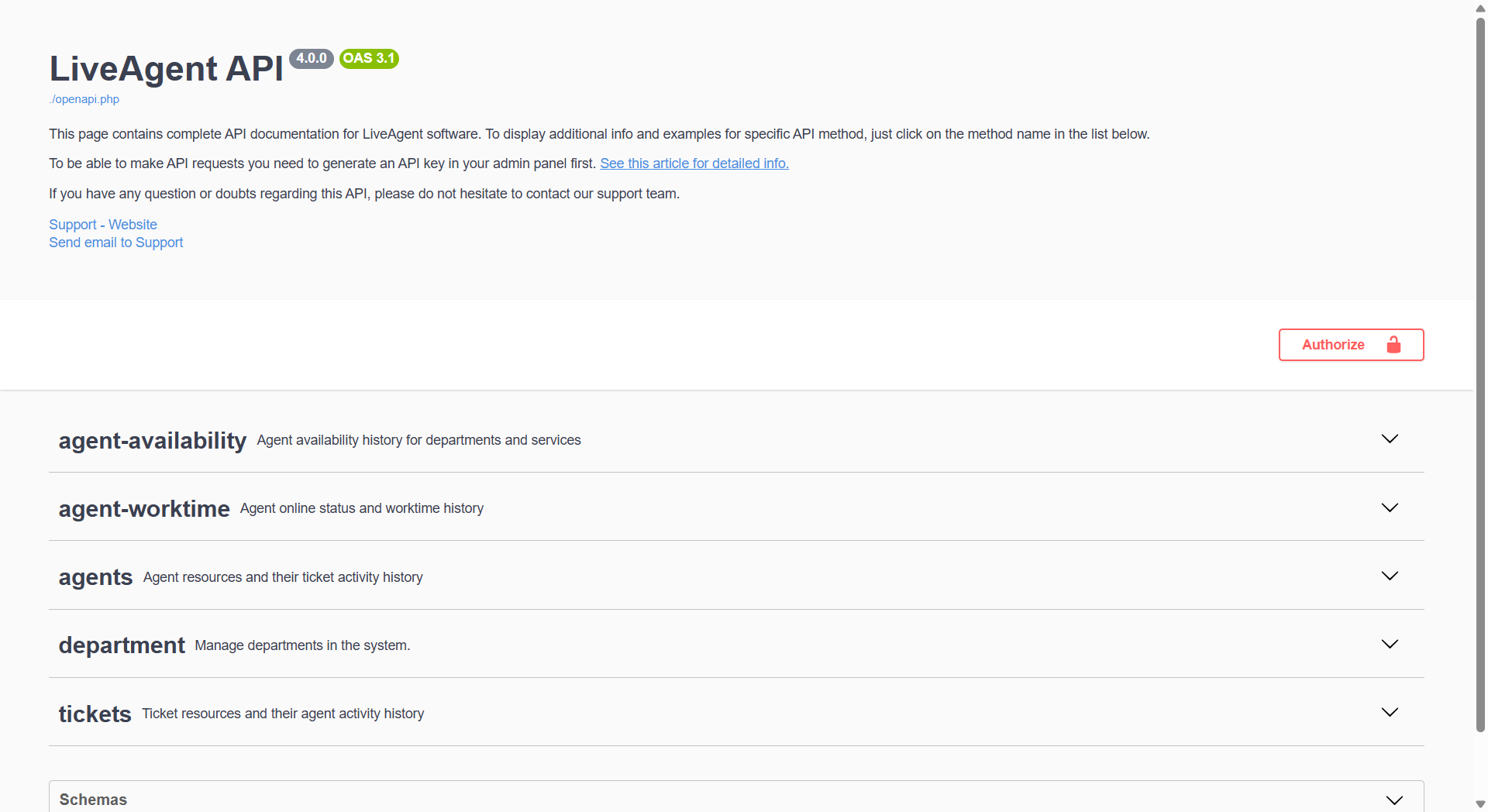 Visão geral da documentação da API v4 do LiveAgent com endpoints disponíveis