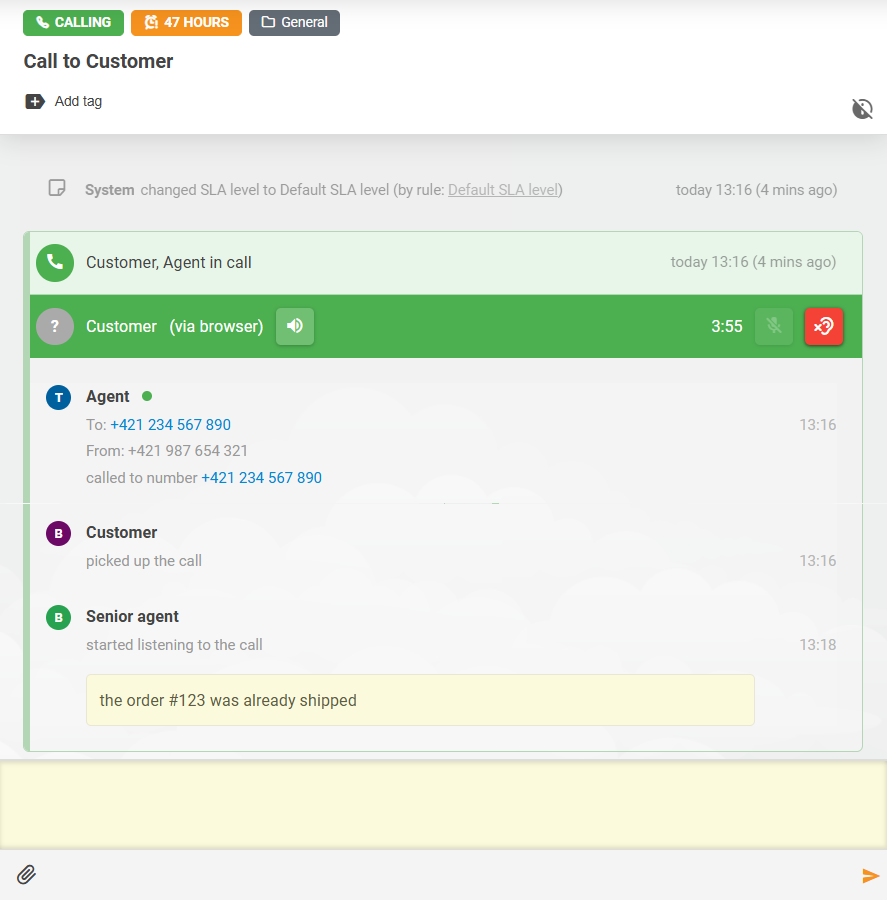 Recurso de Escuta de Chamadas do LiveAgent com interação de notas entre agentes