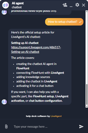 Chat do Agente de IA do LiveAgent com suporte a markdown