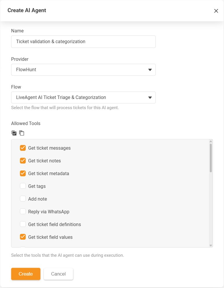 Diálogo Create AI Agent do LiveAgent com a lista Allowed Tools de ações permitidas