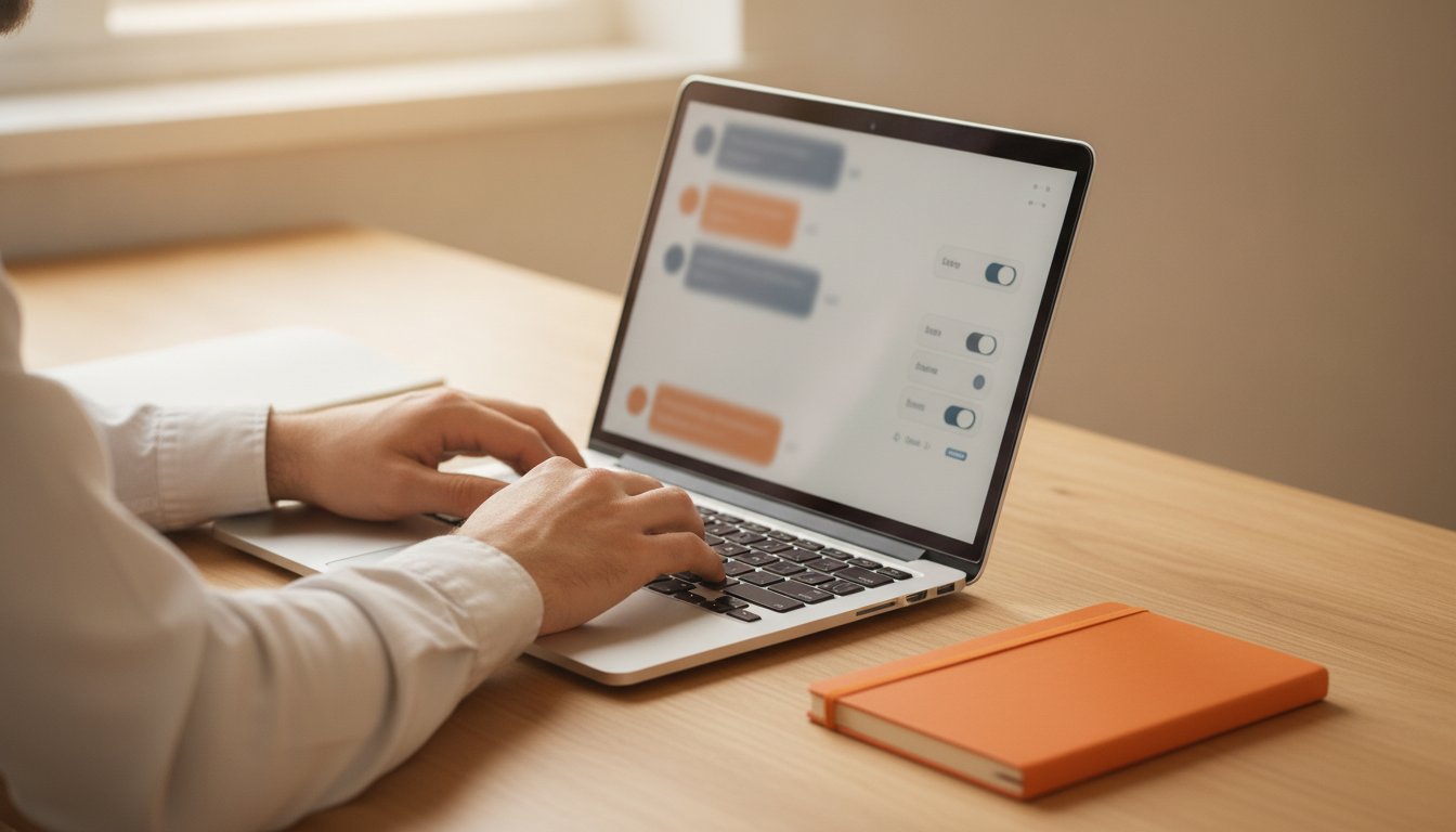 Gerente de suporte ajustando configurações de transferência e escalonamento do chatbot LiveAgent em um laptop