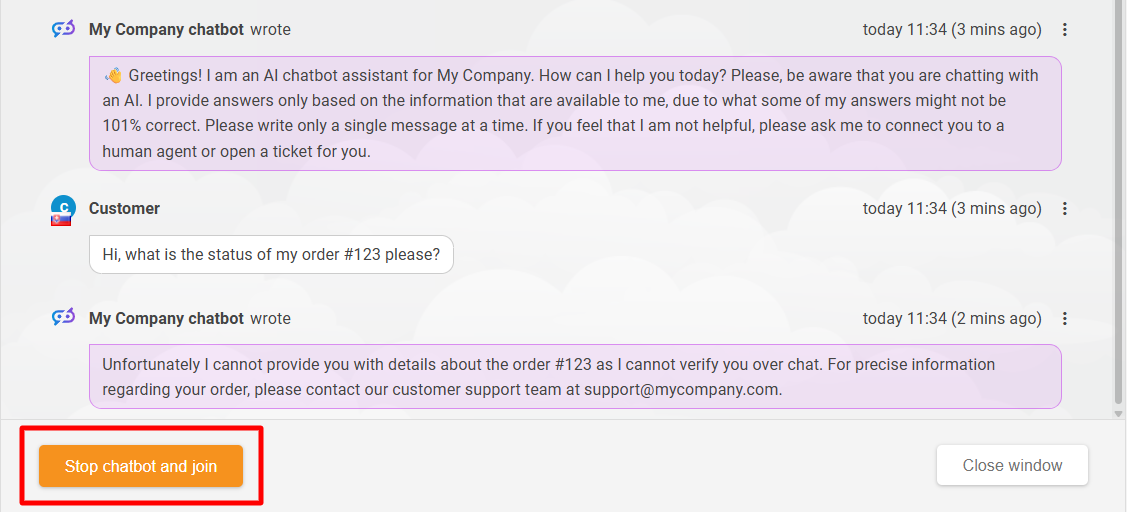 Interface de Transferência de IA para Humano do LiveAgent mostrando takeover de agente e histórico de chat