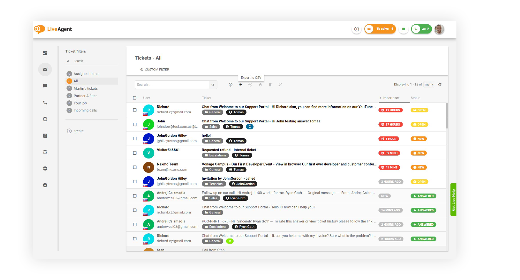 Caixa de entrada universal do LiveAgent com tickets de e-mail, chat e chamadas em uma única fila