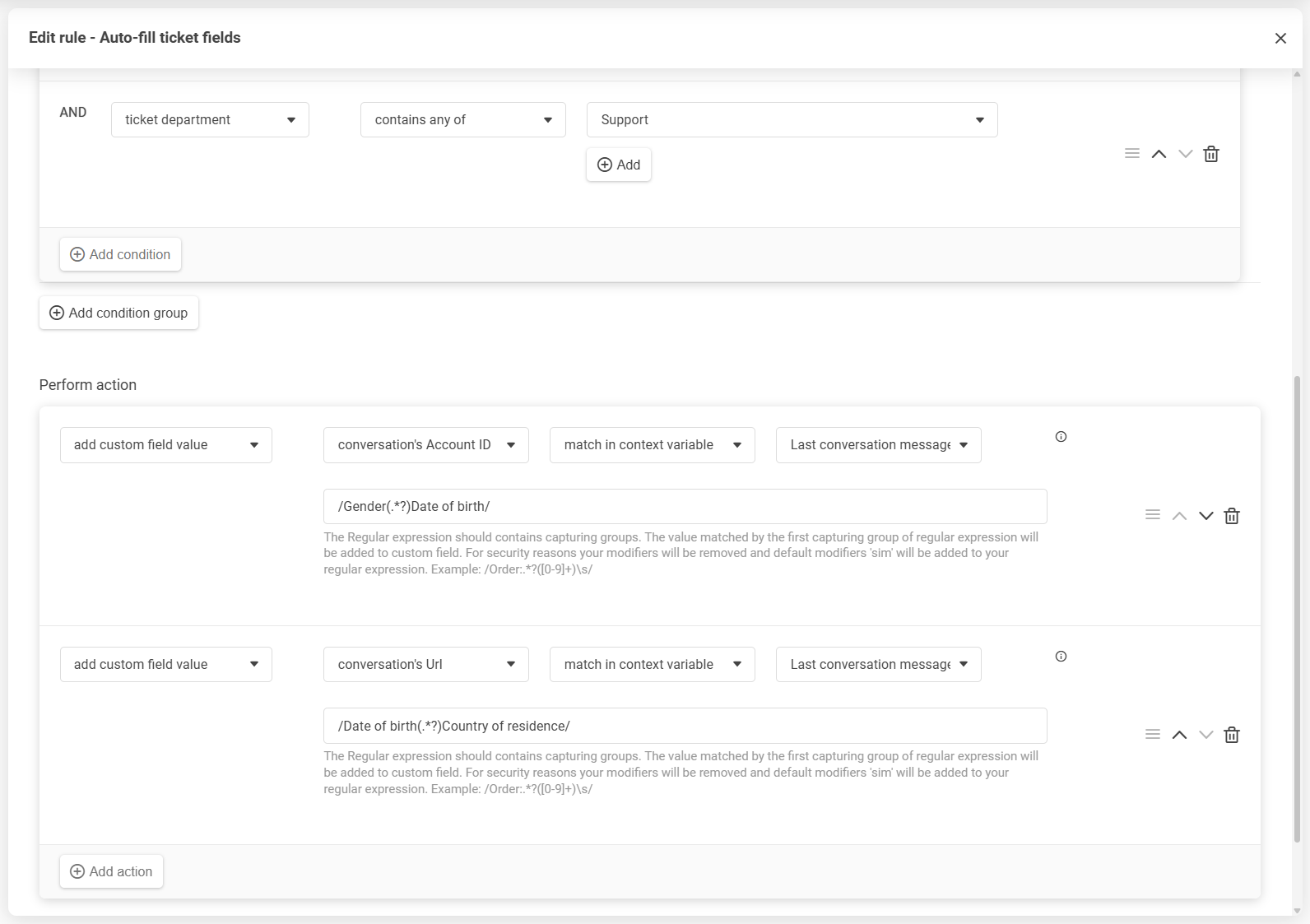 Editor de regras do LiveAgent com reordenação por arrastar e soltar de condições e ações