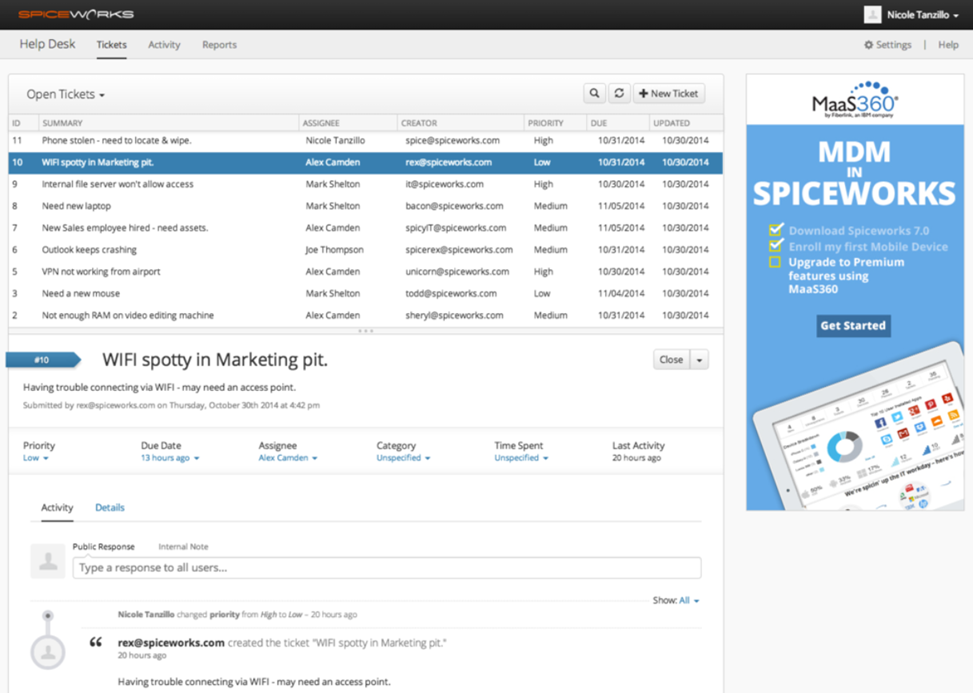Lista de tickets do Spiceworks Cloud Help Desk com submissões do portal do usuário