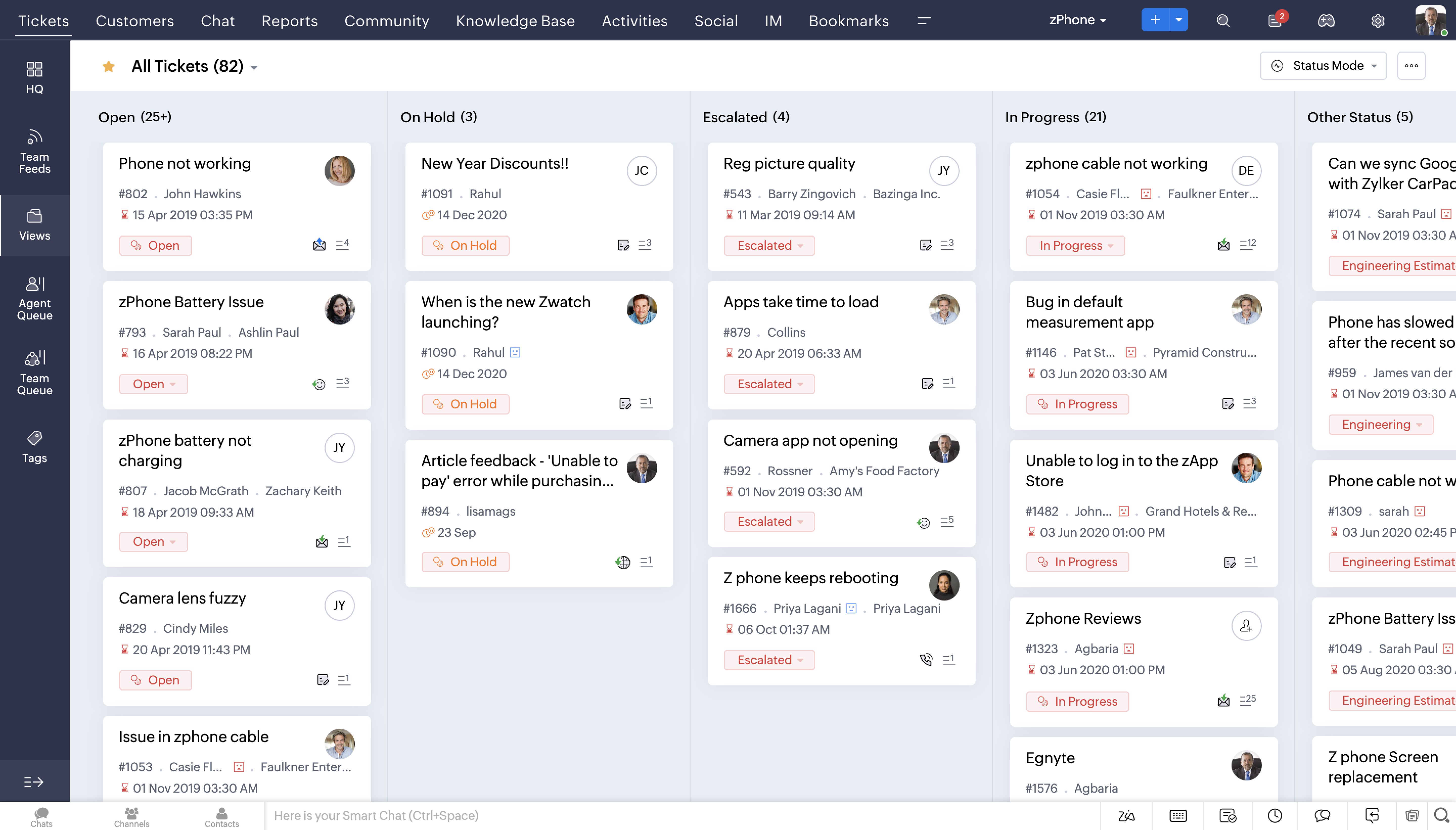 Visualização do agente Zoho Desk com visão reformulada da fila de tickets