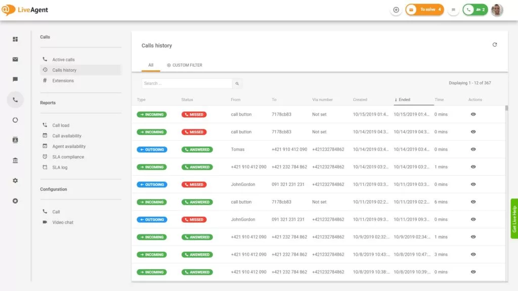 Visão geral da interface de call center no LiveAgent.