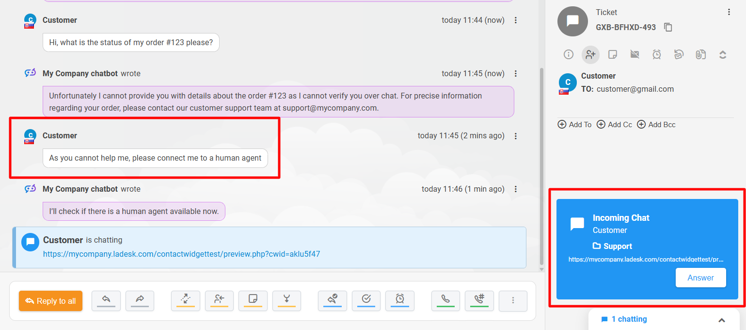 Visualização da Transferência para Agente Humano com IA do LiveAgent