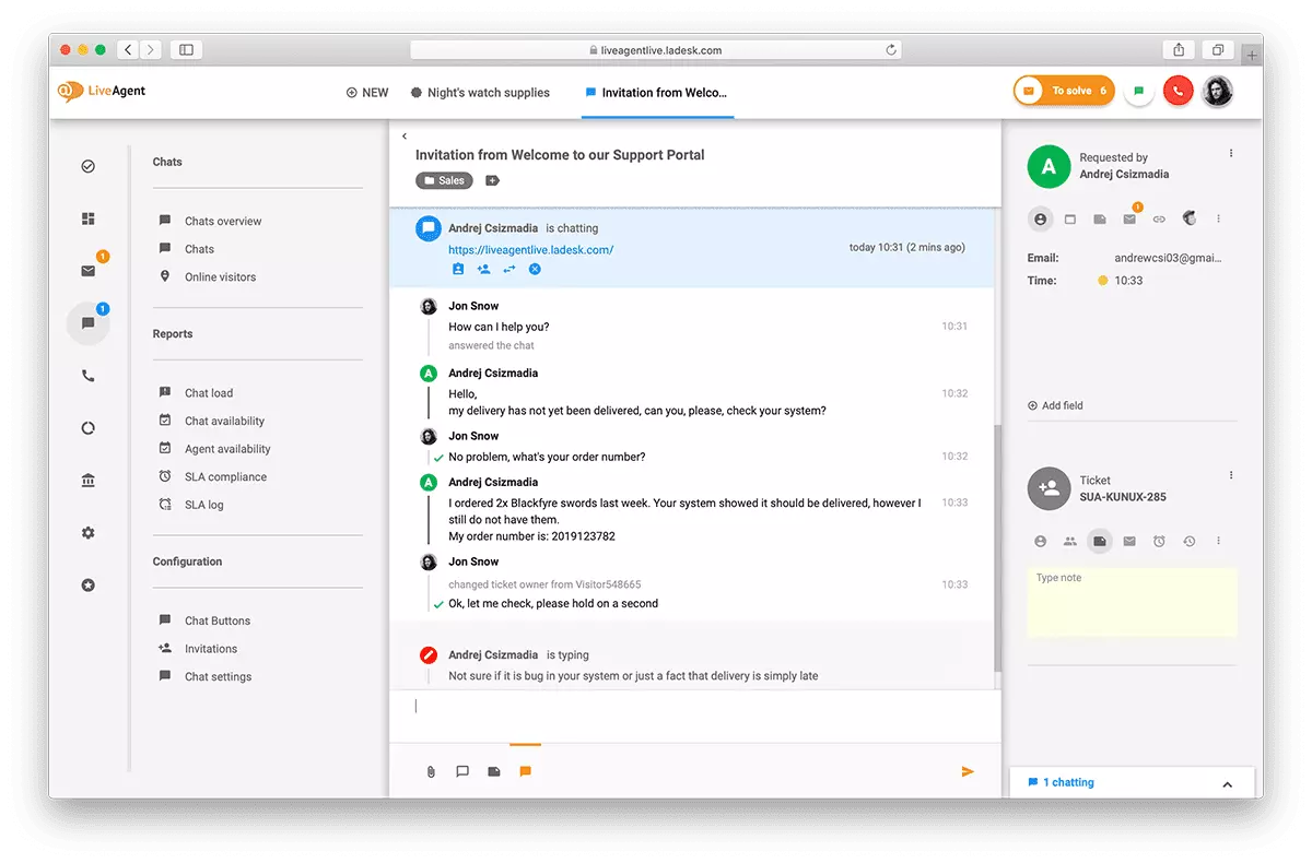 Visão geral da interface de chat ao vivo no LiveAgent.