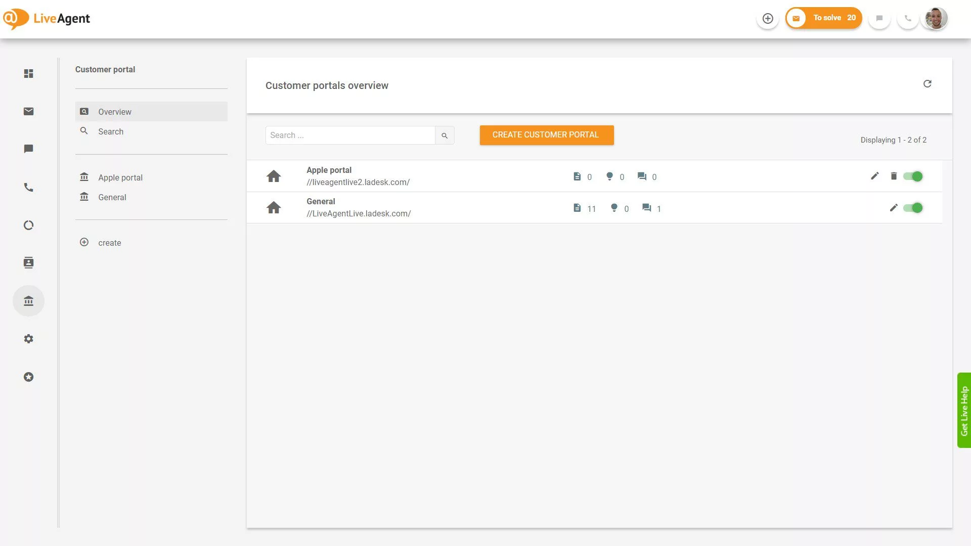 Visão geral de Tickets do LiveAgent dentro da aplicação
