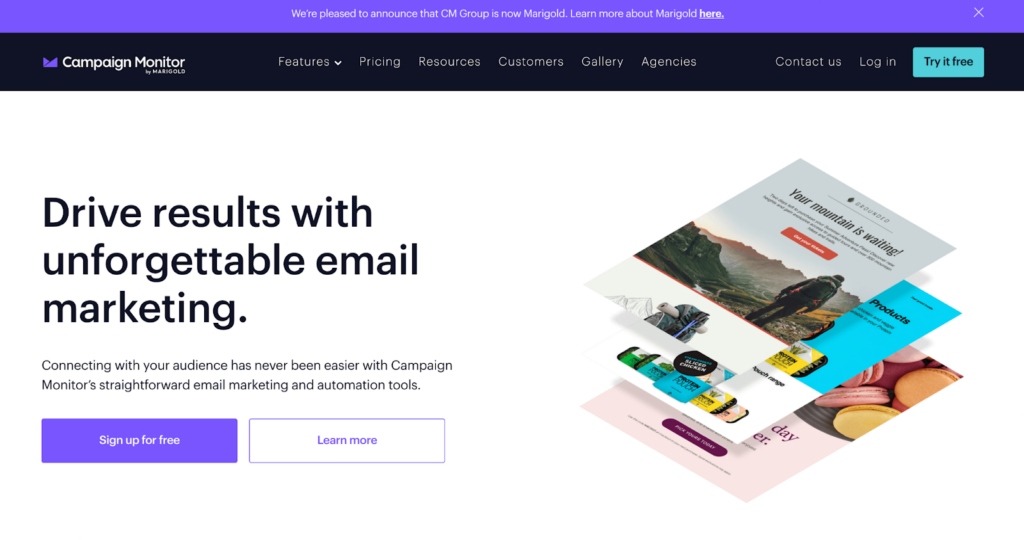Página inicial do Campaign Monitor, sistema eficiente de gerenciamento e marketing de email