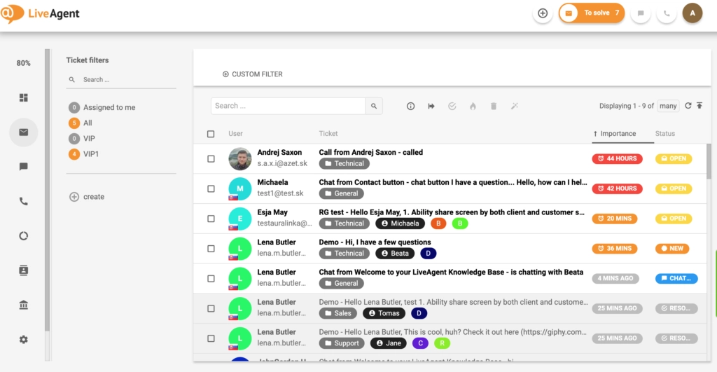 Visão geral da interface de sistema de tickets no LiveAgent.