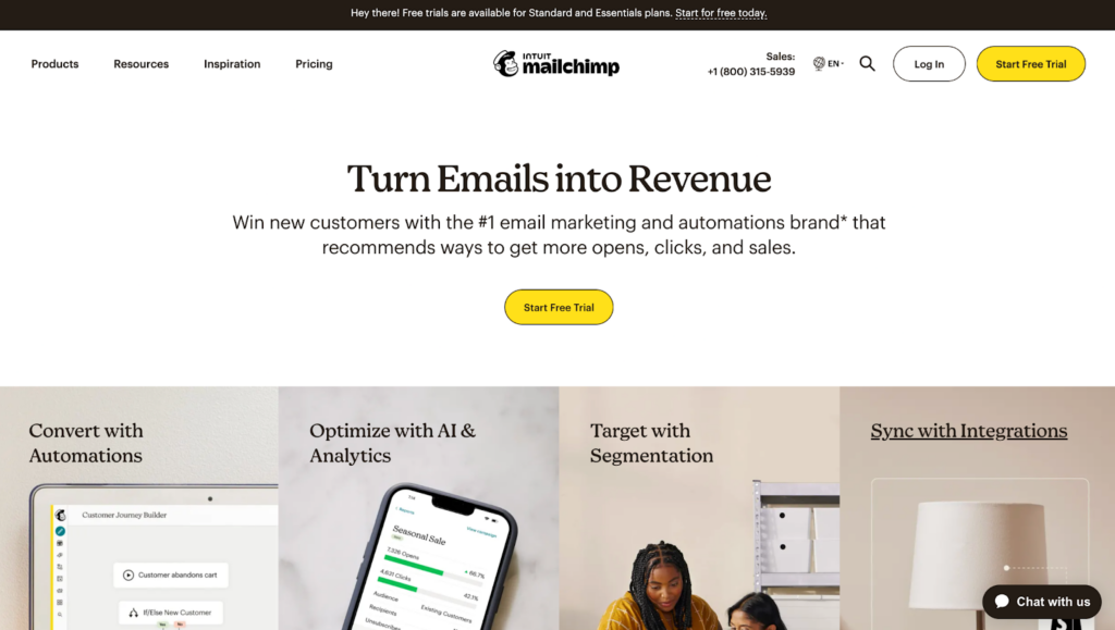Página inicial do Mailchimp, sistema versátil de gerenciamento de email para email marketing