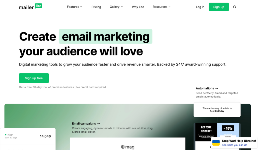 Página inicial do MailerLite, um sistema de gerenciamento de email amigável