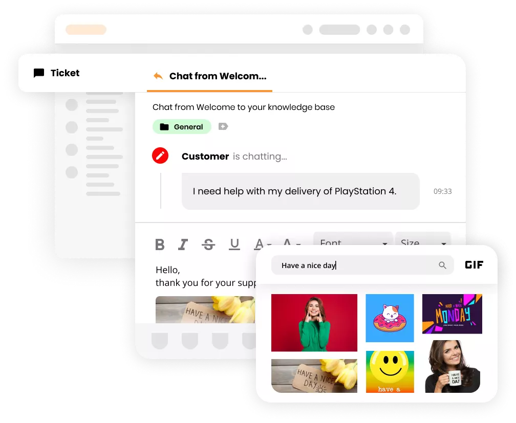Interface do sistema de tickets LiveAgent mostrando GIFs em um ticket.
