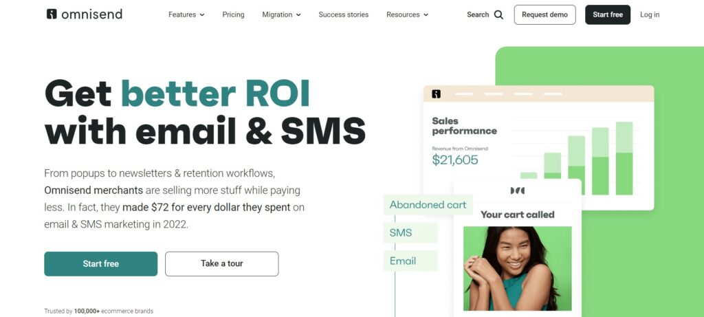 Página inicial do Omnisend, plataforma de email marketing de comércio eletrônico