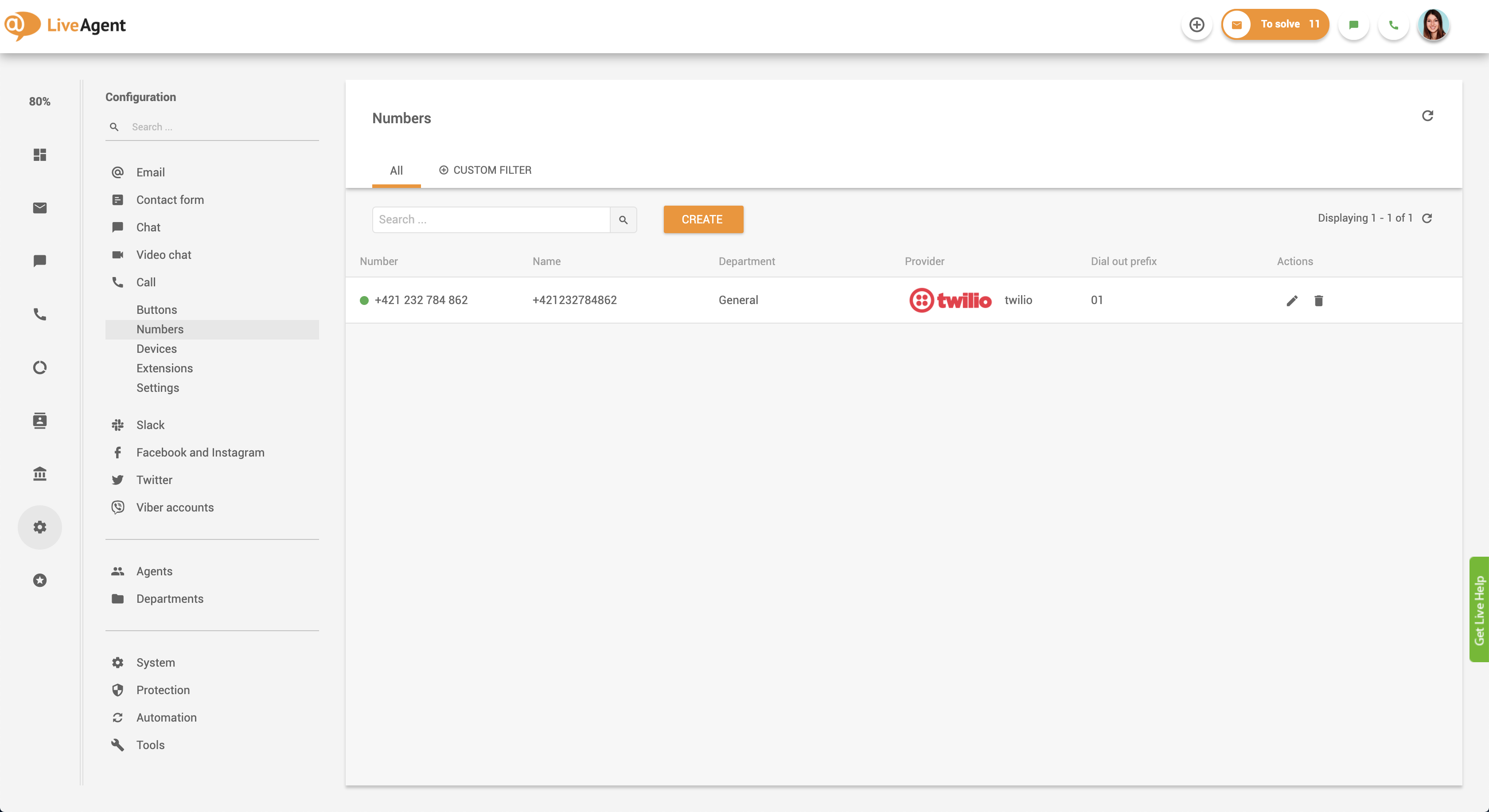 Configuração de retorno de chamada no LiveAgent - conectar número de telefone