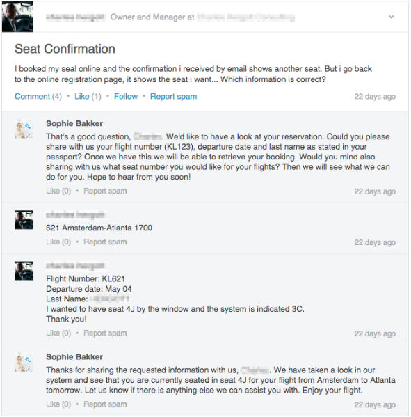 Resposta da KLM Airlines a pergunta do cliente no LinkedIn