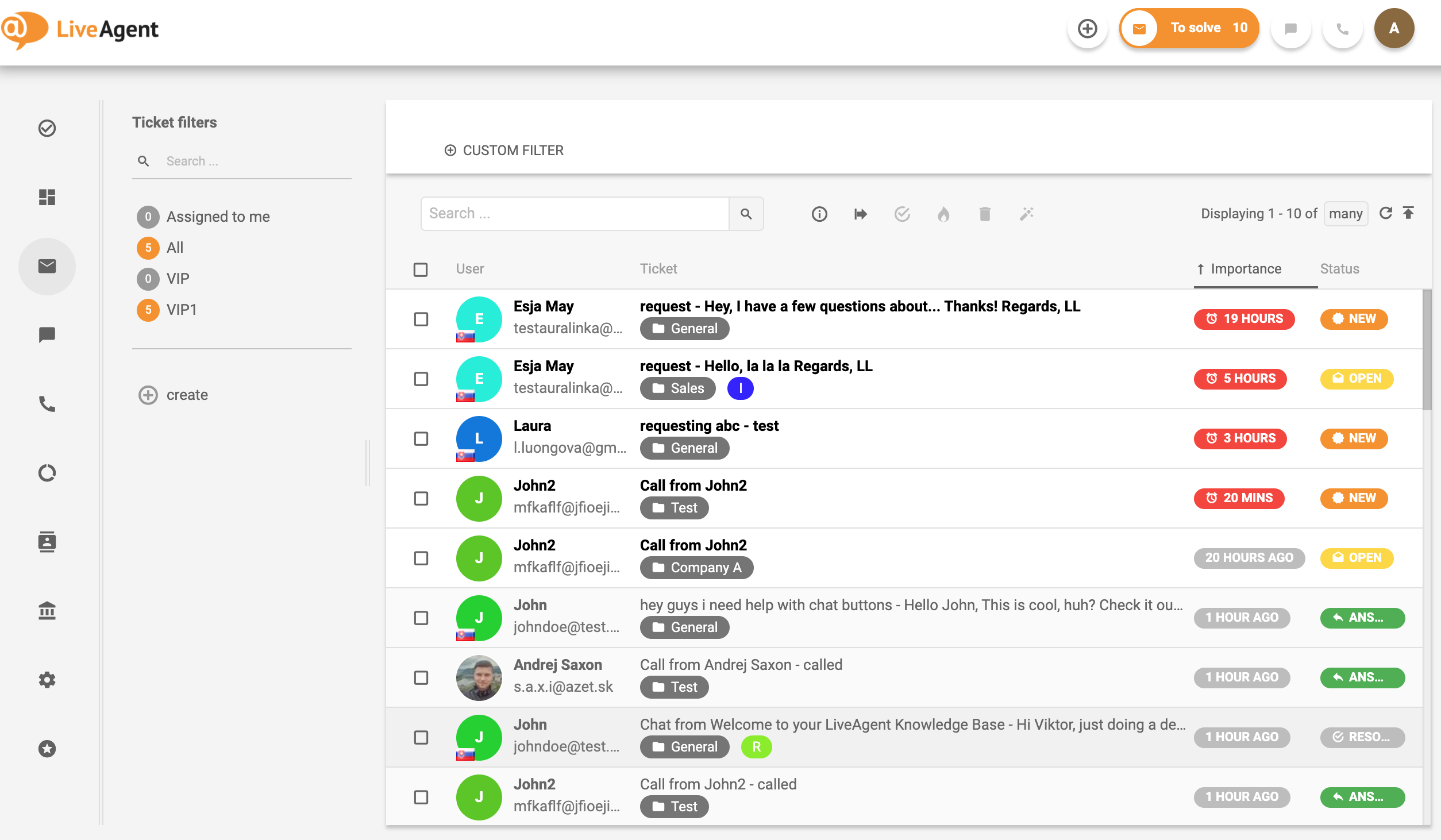 LiveAgent – Status dos tickets (exemplos)