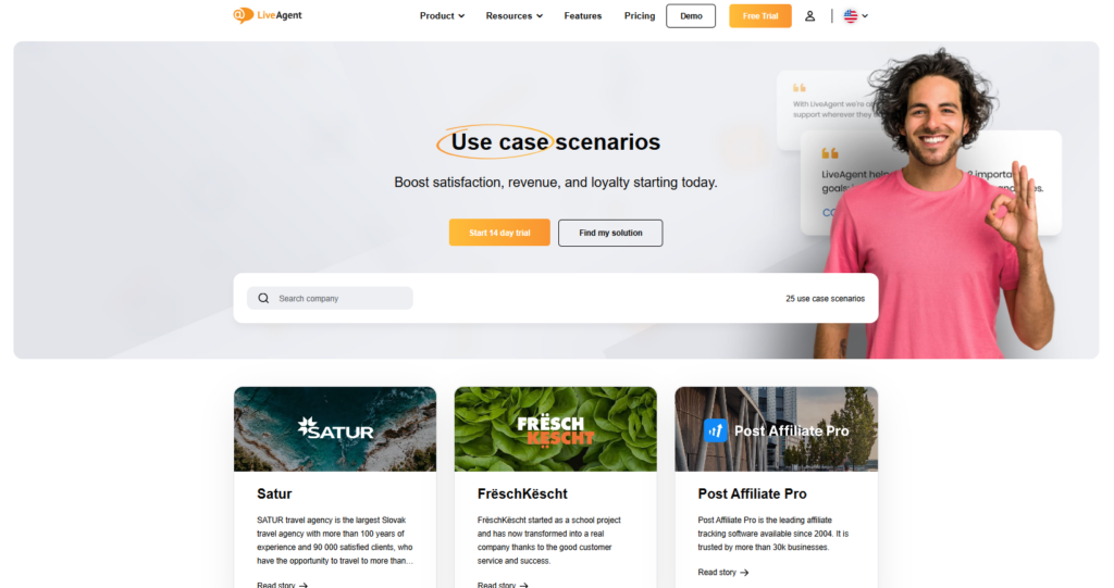 Captura de tela do site do LiveAgent onde compartilham histórias de sucesso de seus clientes