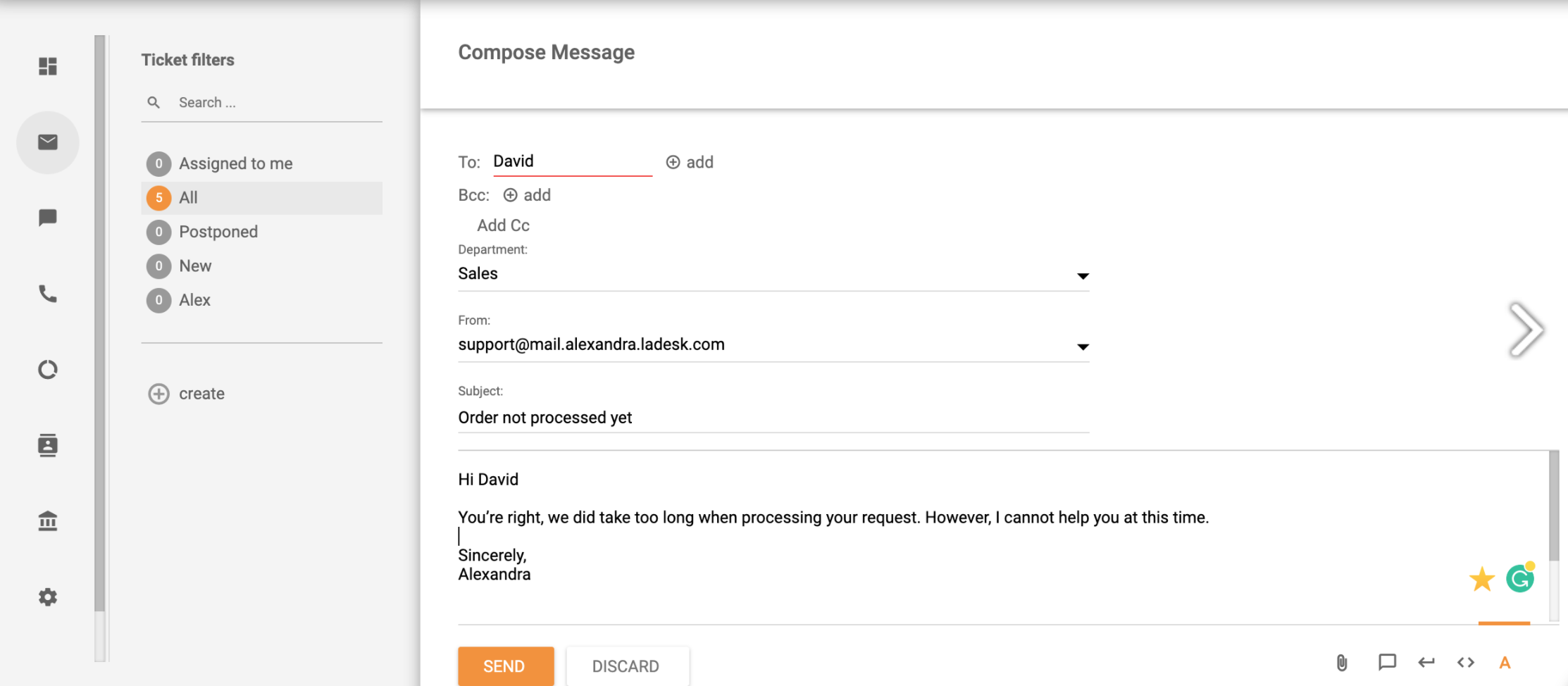 Sistema de tickets compor uma nova mensagem