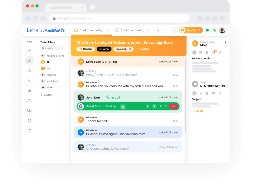 Sistema de ticketing do LiveAgent - visualização da equipe de suporte