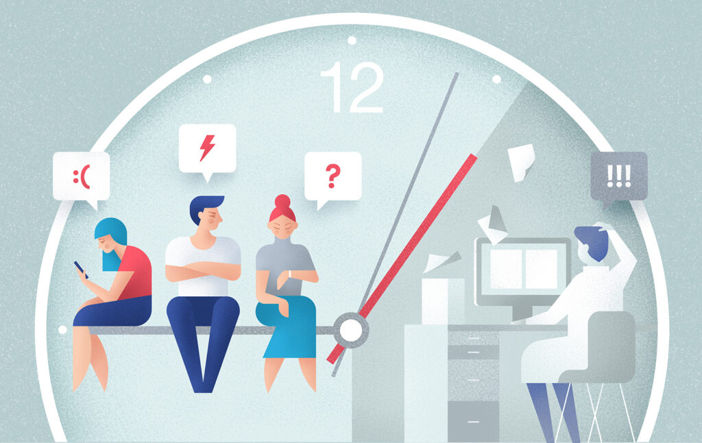 Ilustração de clientes esperando por suporte ao cliente