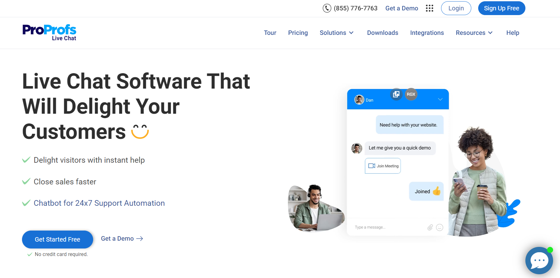 Homepage do ProProfs Chat - software de live chat para ecommerce de satisfação do cliente