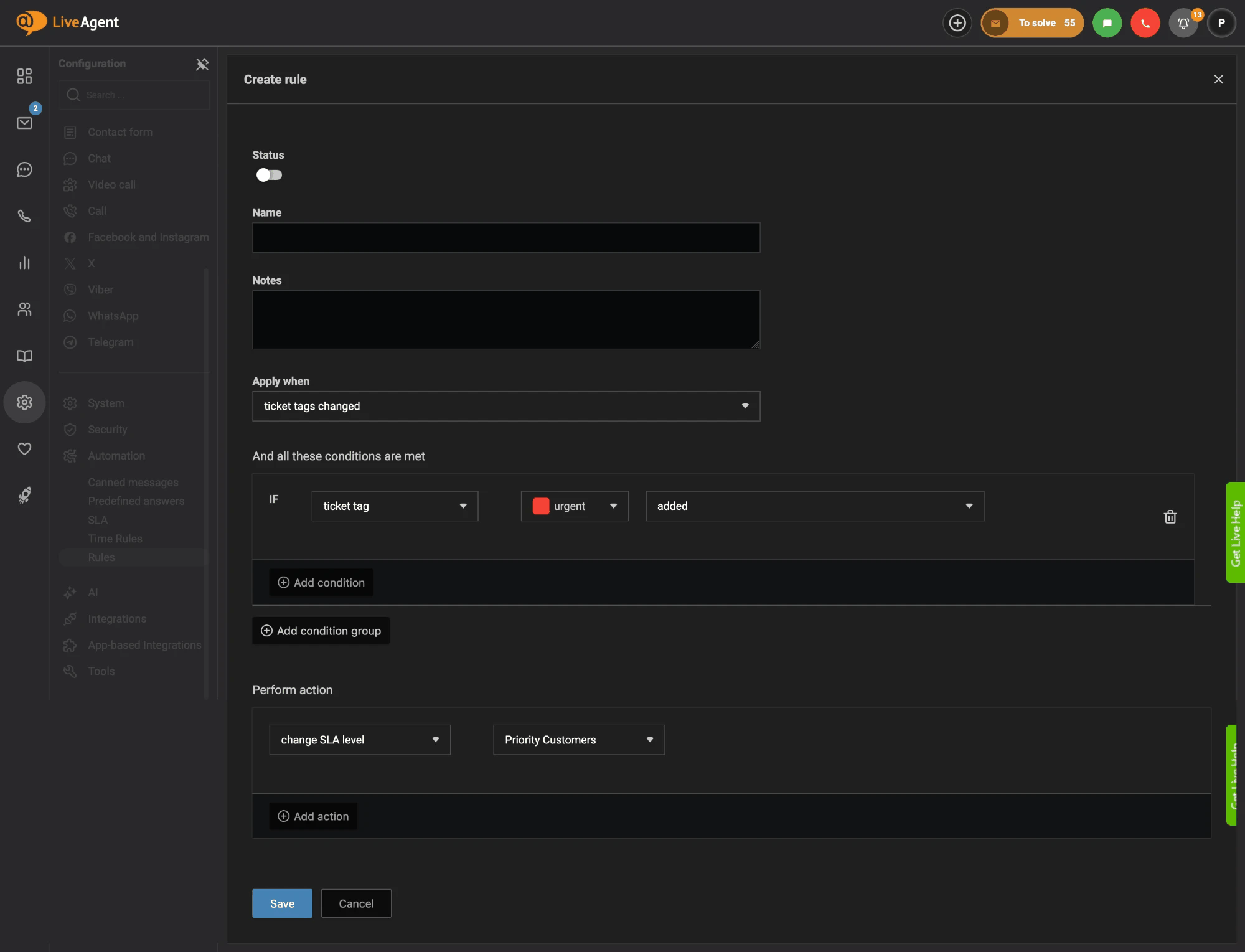Regra do LiveAgent que altera o nível de SLA para Clientes prioritários quando a tag urgente é adicionada a um ticket
