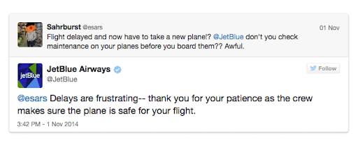 Resposta da JetBlue a tweet de cliente insatisfeito no Twitter