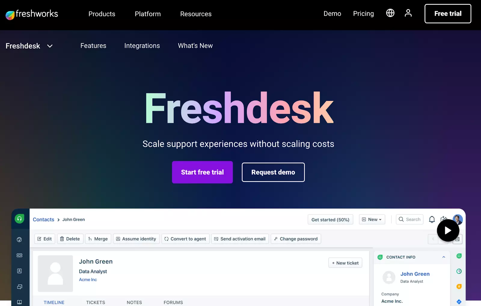 Homepage do sistema de tickets de suporte Freshdesk