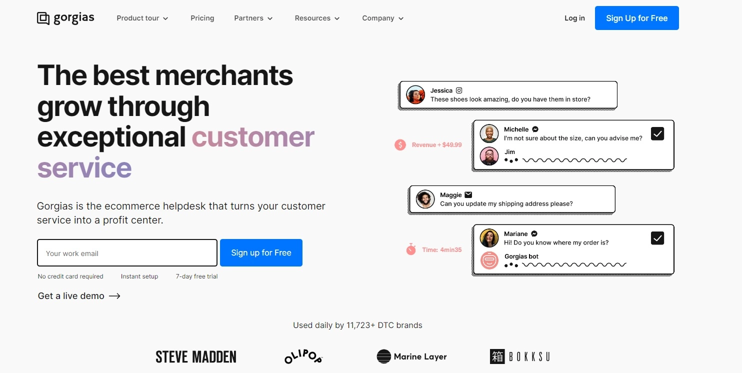 Homepage do Gorgias - software de chat ao vivo de eCommerce focado em lucro