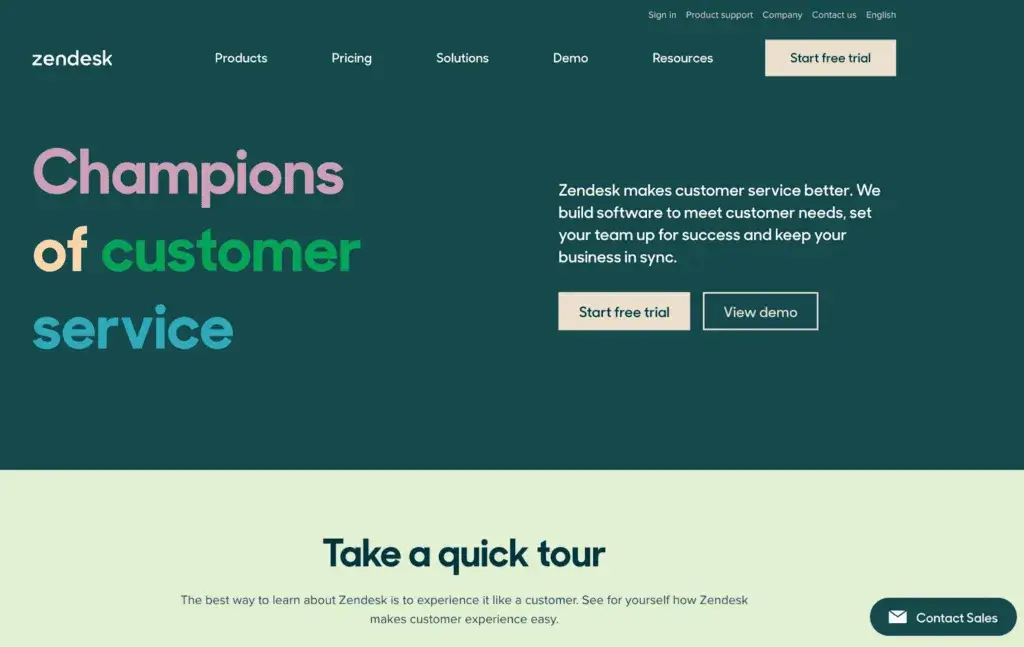 Homepage do software de tickets Zendesk
