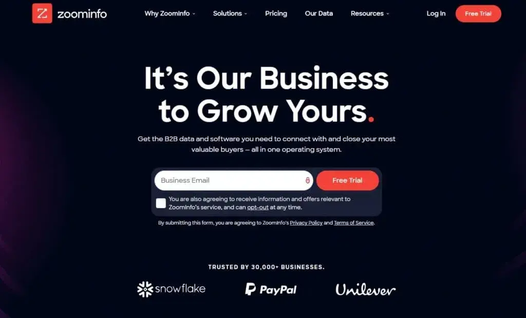 Homepage do ZoomInfo