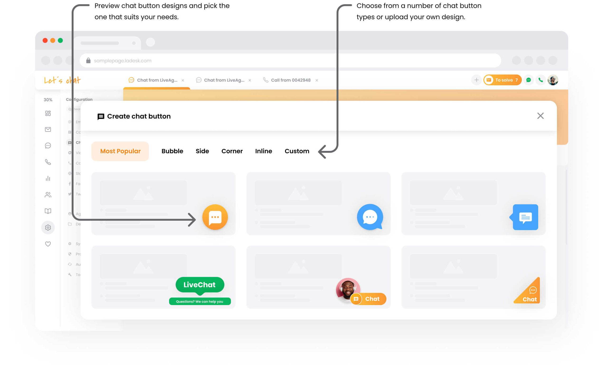 Galeria de botões de chat LiveAgent