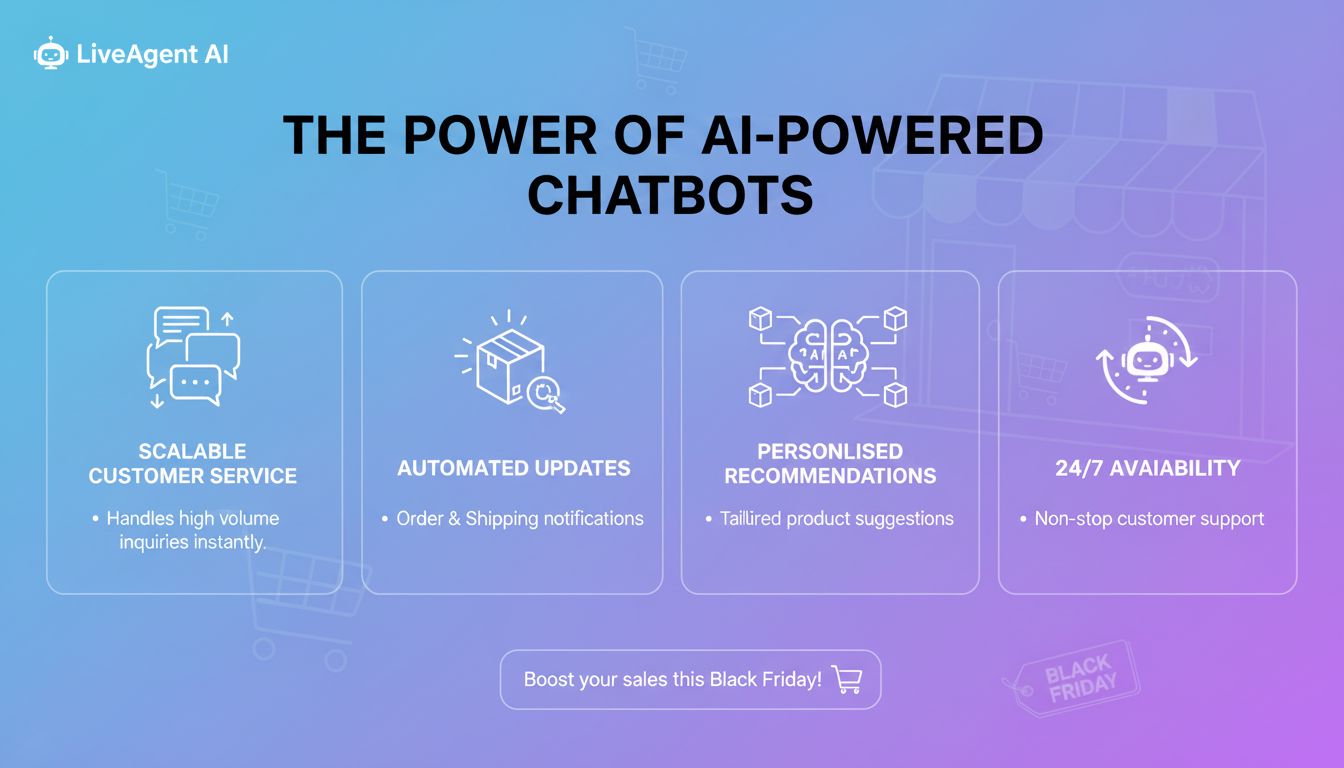 Infográfico de chatbots de IA mostrando benefícios e casos de uso