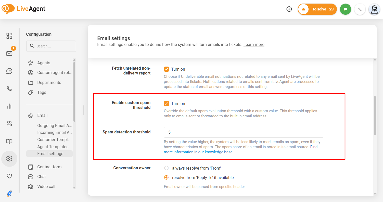 A interface do limite de spam personalizável do LiveAgent