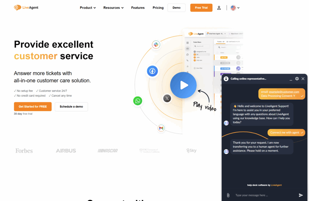 Conversa do Chatbot de IA do LiveAgent com um bot na página do LiveAgent