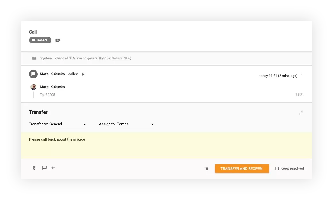 A captura de tela mostra como transferir chamadas no LiveAgent para outros departamentos e agentes