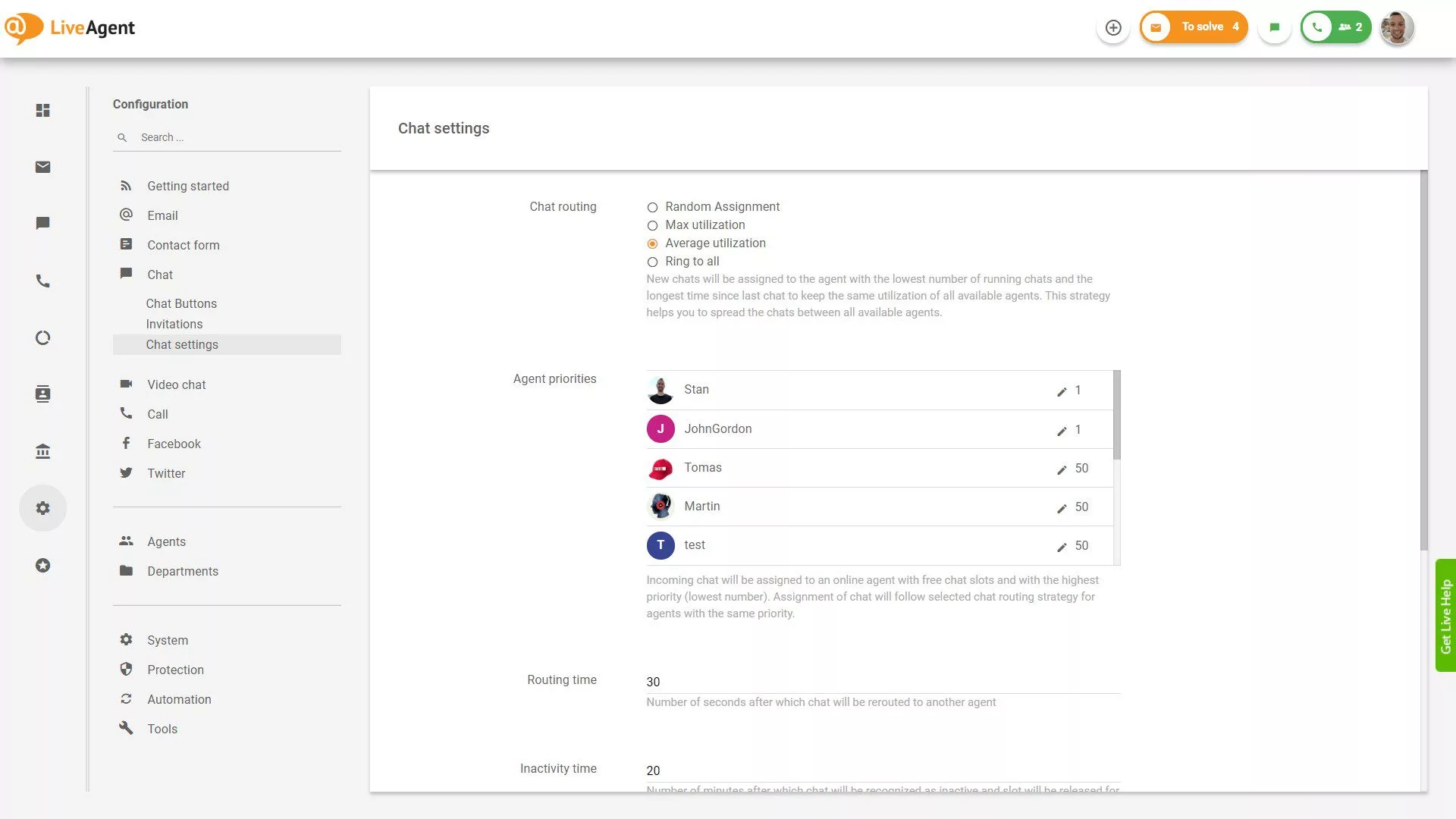 Configurações de Chat do LiveAgent