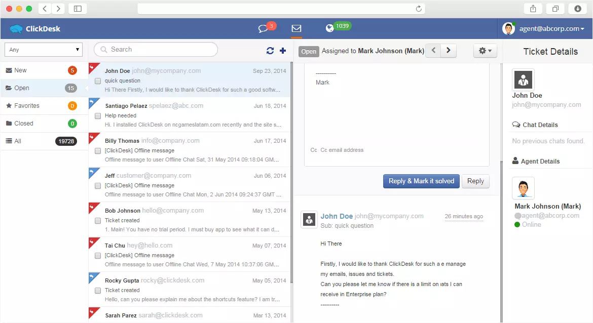 Painel e live chat do ClickDesk