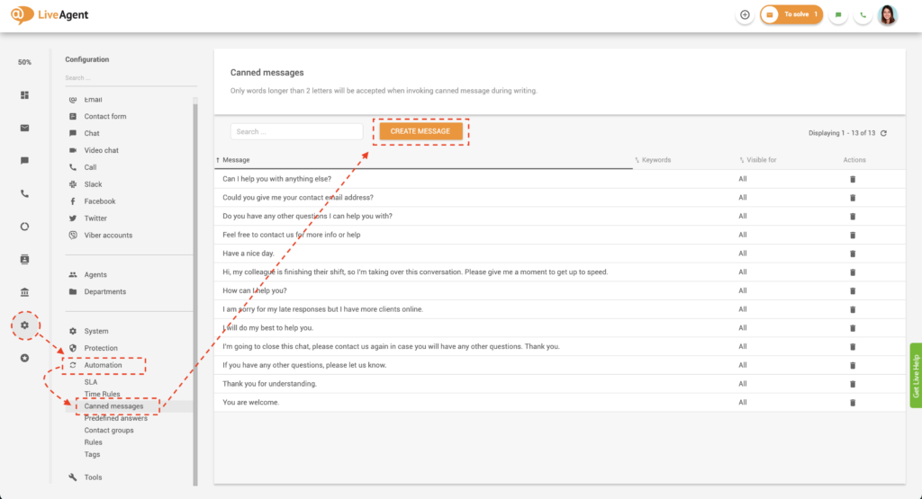 Criar mensagens pré-definidas no LiveAgent