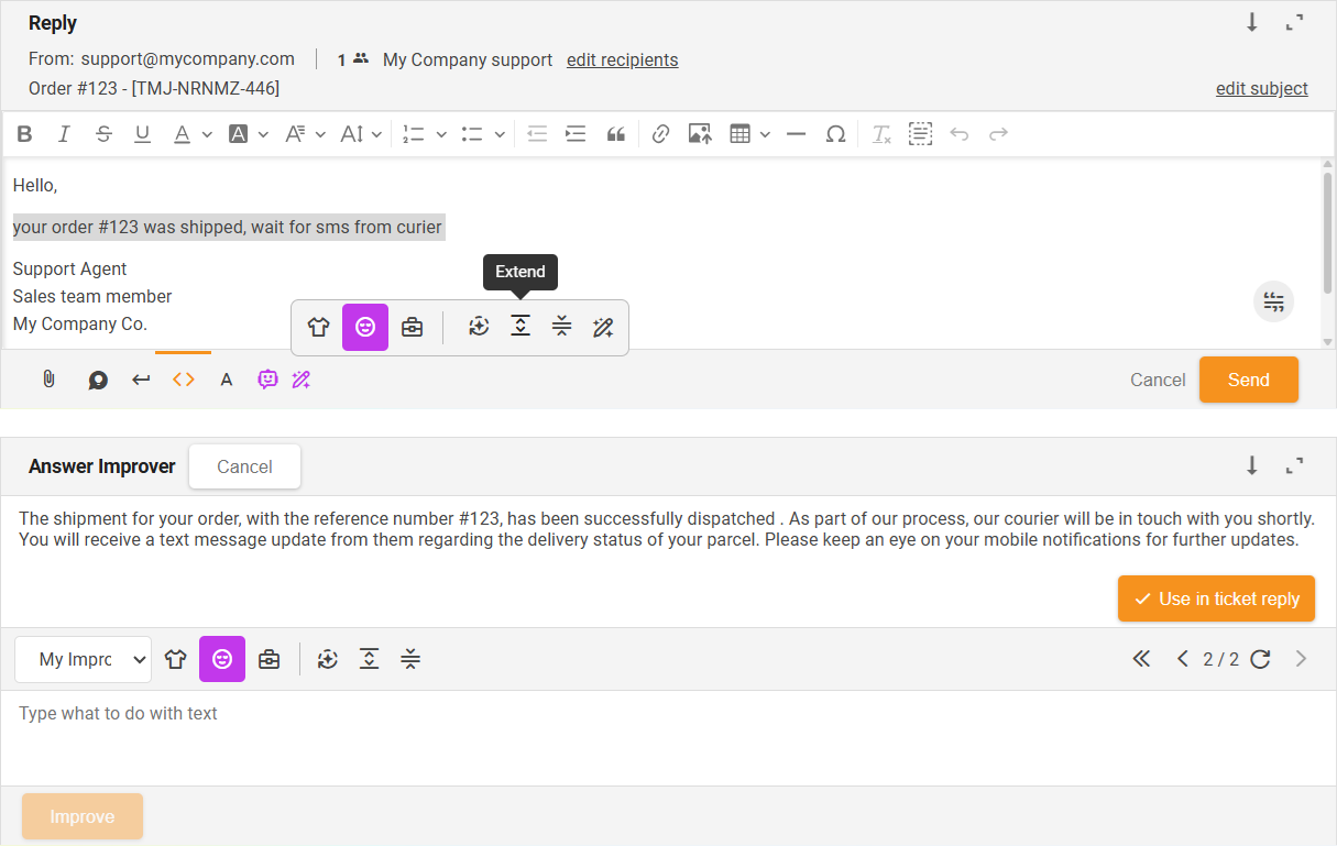 Função Expandir do Aprimorador de Respostas com IA - visão geral da interface