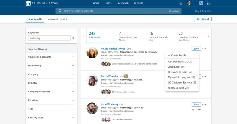 Interface do LinkedIn Sales Navigator