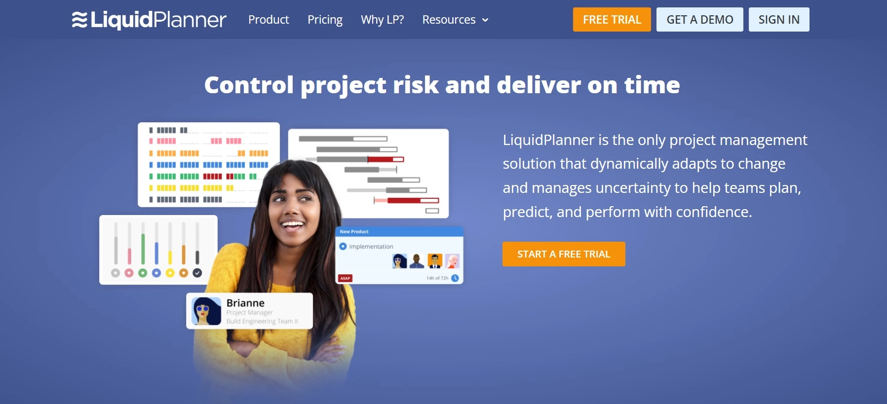 Página inicial do LiquidPlanner - uma solução de gerenciamento de projetos que ajuda você a controlar projetos e entregar tudo no prazo.