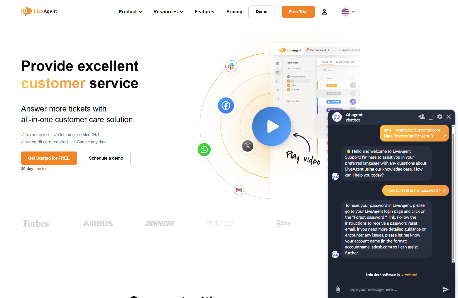 Conversa de chat do Chatbot de IA do LiveAgent na página do LiveAgent