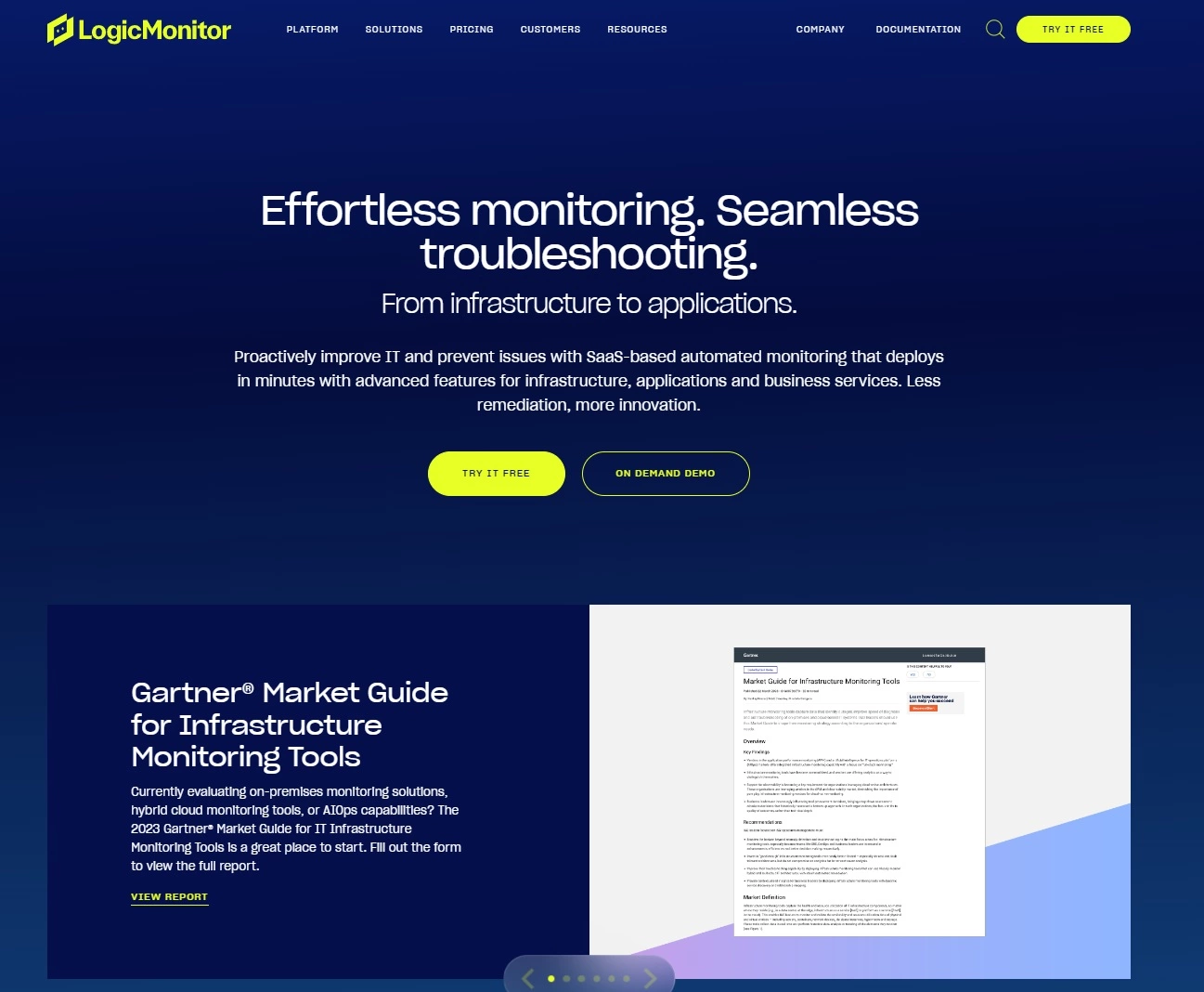 Captura de tela da página inicial do LogicMonitor - plataforma de desempenho de TI para monitoramento e solução de problemas sem esforço