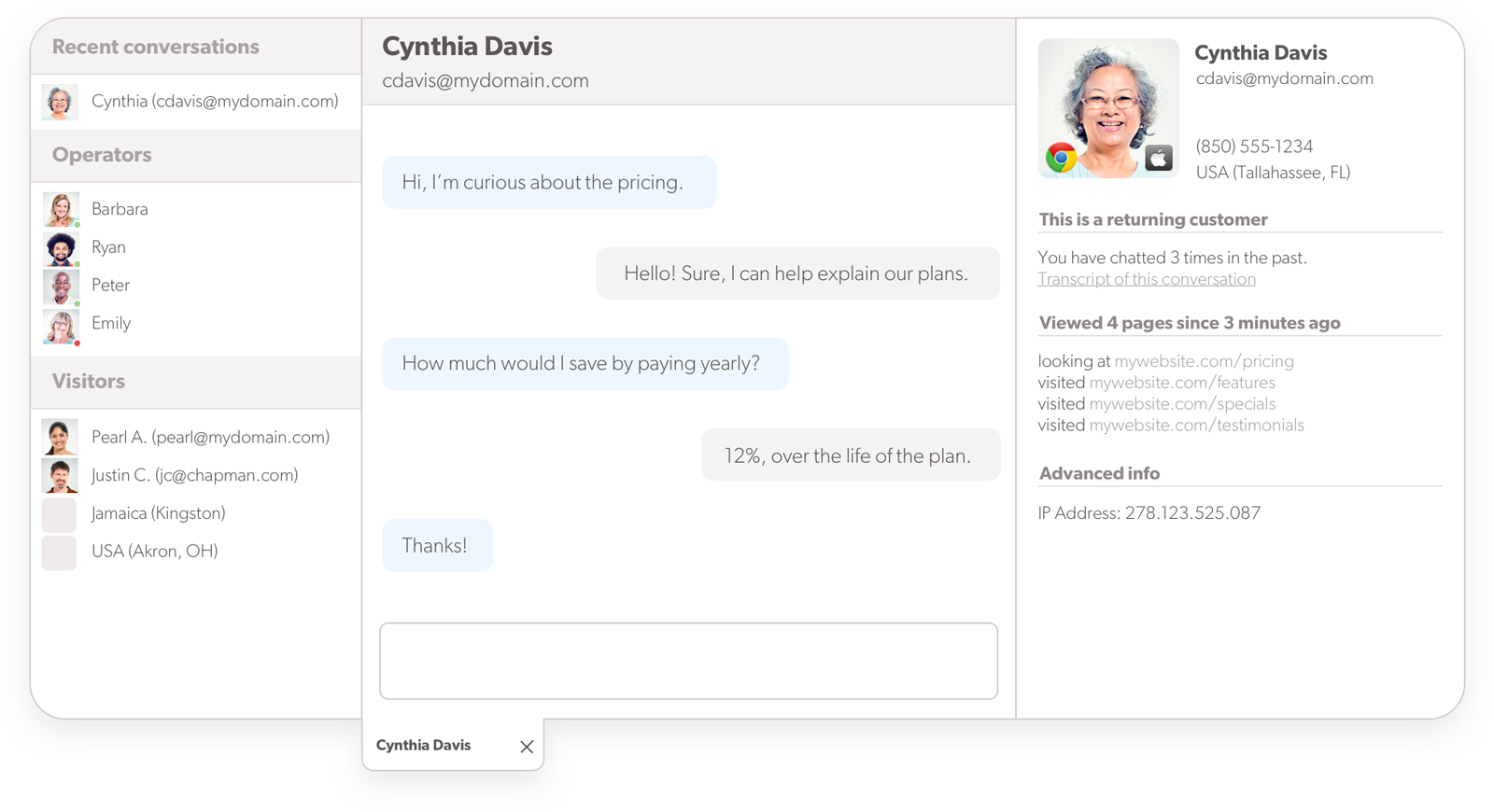 Visão geral de live chat contínuo do Olark